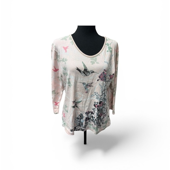 Cactus Bay Tops - Cactus Bay Hummingbird Floral Tee Pink Rhinestone Birds 3/4 Sleeve Top L